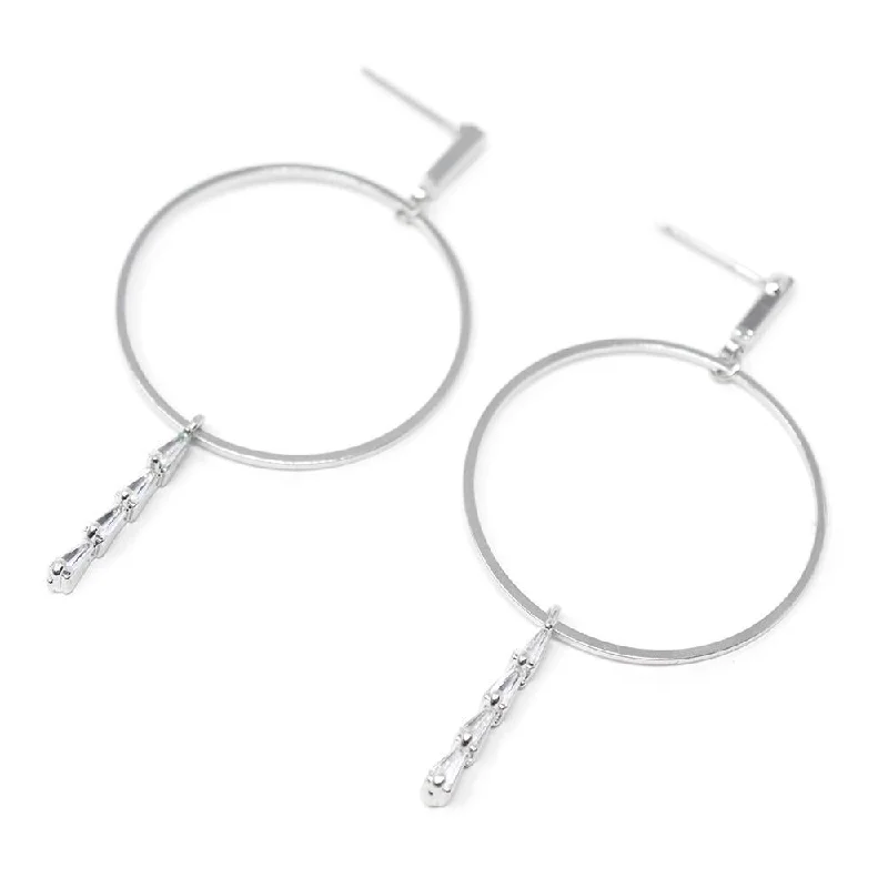 CZ Teardrop Line Hoop Stud Earrings Silver Tone