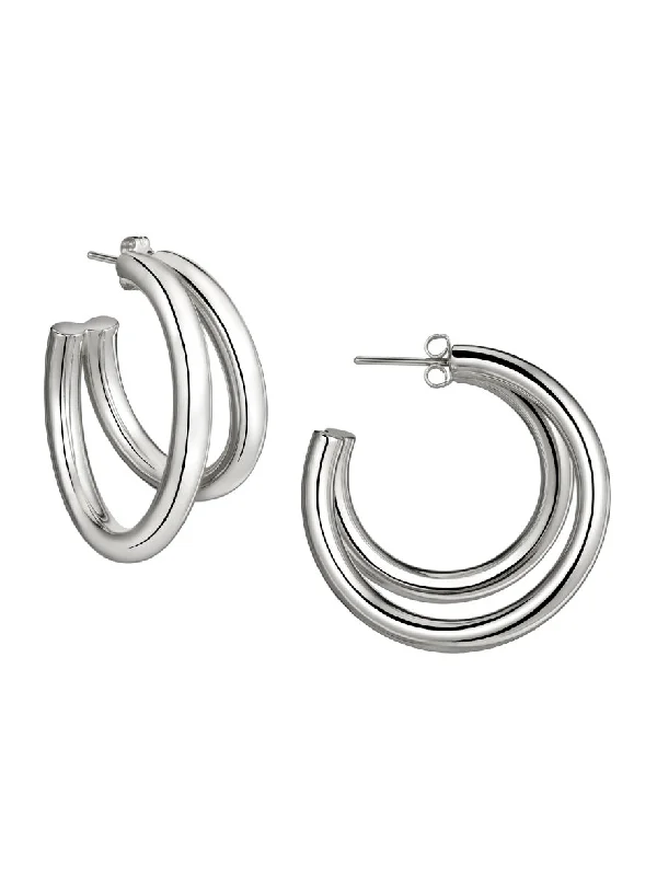 white opal engagement ring Double Hoop Rhodium Earrings