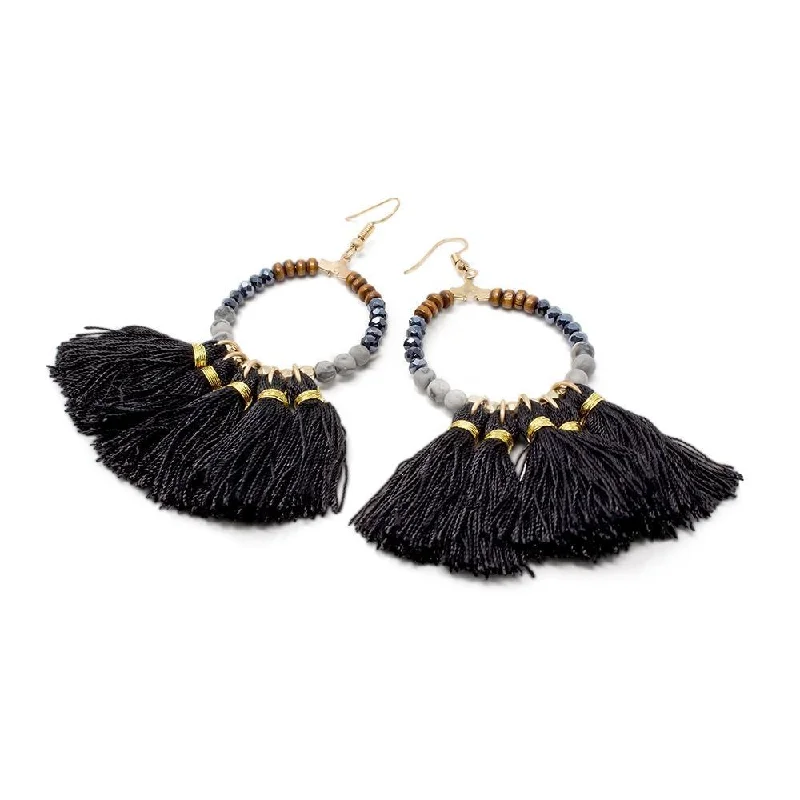 Earrings Ring Pendant with Tassels Black