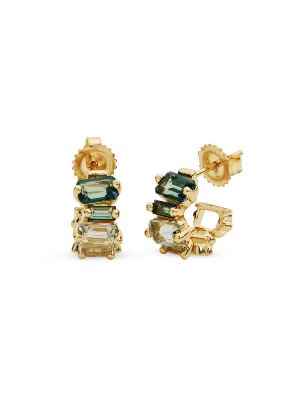 infinity couple’s ring matching set Emerald Cut Green Ombre Yellow Gold Mini Hoop Earrings