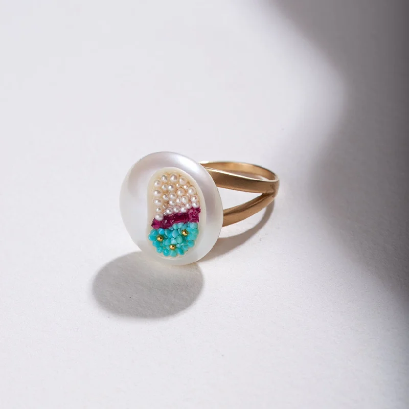 minimalist black diamond studs Freshwater Coin Pearl Finestrino Ring With Turquoise, Ruby, Seed Pearls and 22K Gold Beads minimalist black diamond studs Freshwater Coin Pearl Finestrino Ring With Turquoise, Ruby, Seed Pearls and 22K Gold Beads