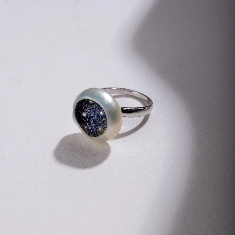 celestial lunar eclipse pendant Freshwater Souffle Pearl Finestrino Ring with Blue Sapphire Ombre and Seed Pearls
