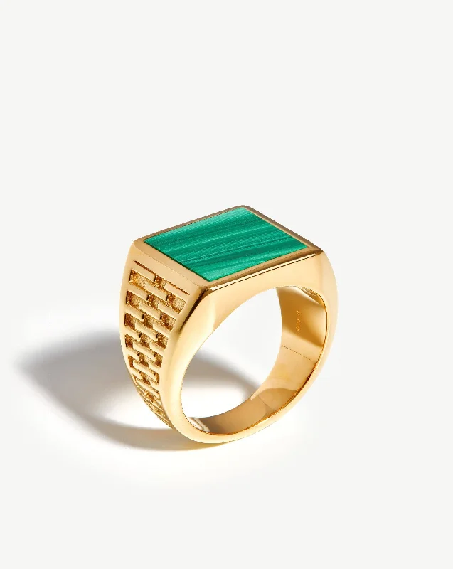 Fused Woven Gemstone Square Signet Ring | 18ct Gold Vermeil/Malachite