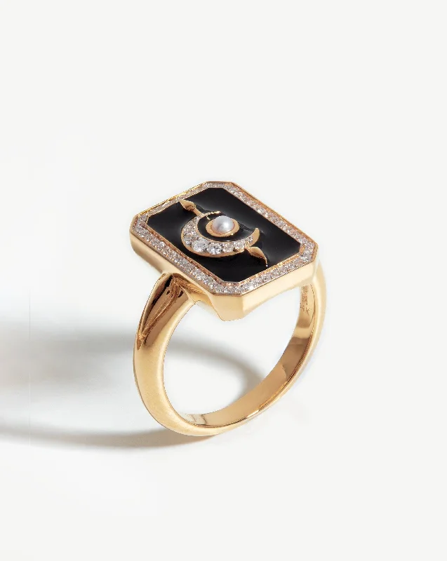 Harris Reed Fine Lunar Ring | 14ct Solid Gold/Diamond & Black Enamel