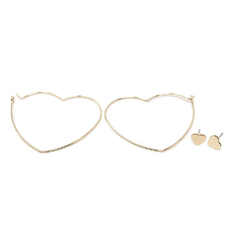 Heart Hoop Stud Earrings Set of Two Gold Tone