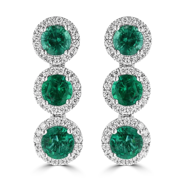 JULEVE 18KT WHITE GOLD 5.03CT EMERALD & 1.05CTW DIAMOND HALO DROP EARRINGS