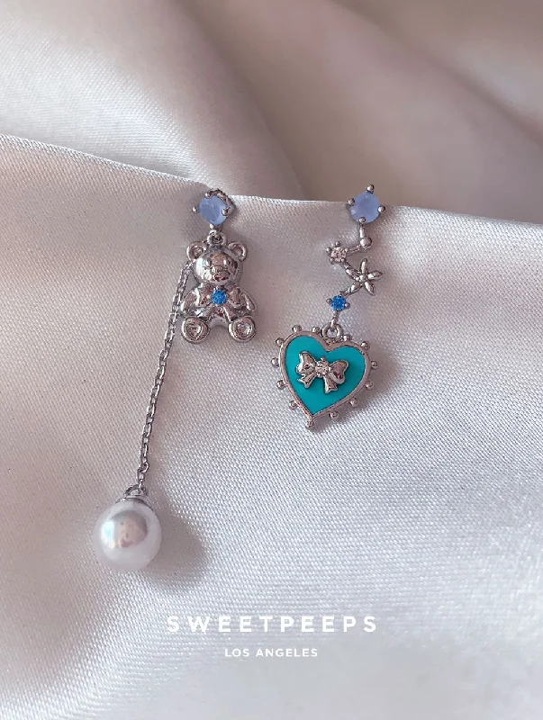 petite diamond promise ring Lacey Teddy Bear Heart Studs - Silver