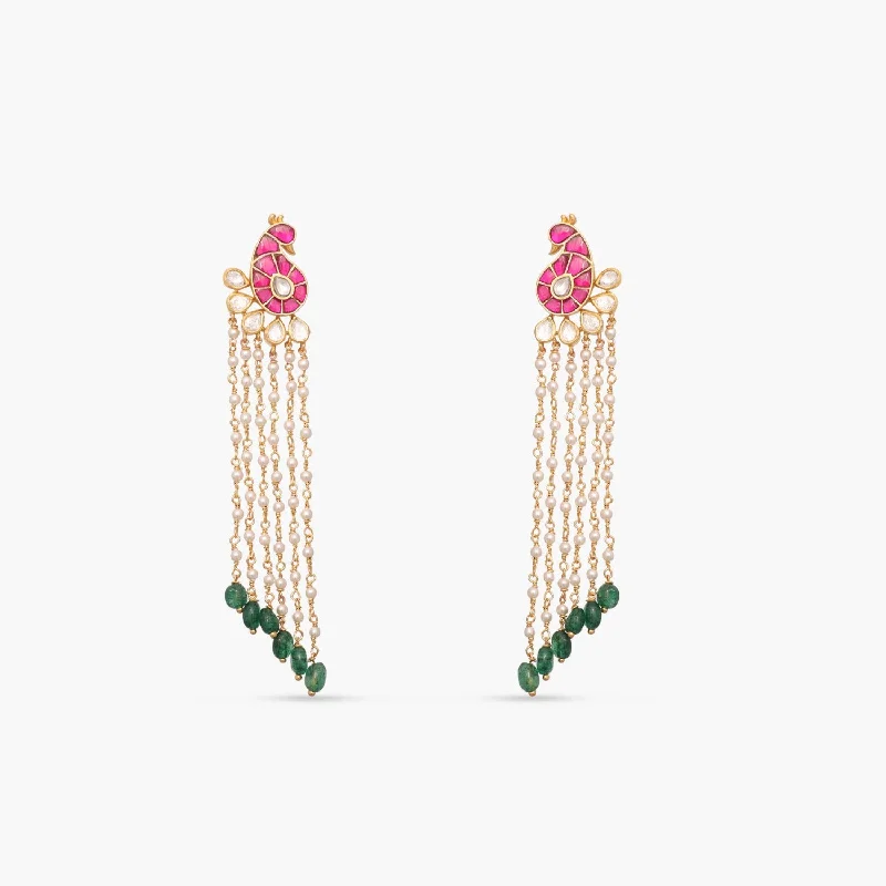 round cut diamond engagement ring Mayur Jadau and Pearl chain Silver Earrings