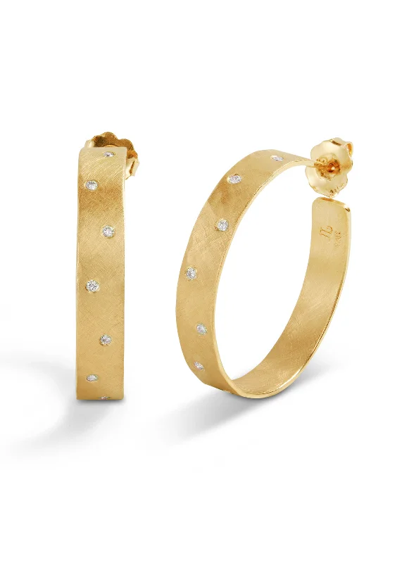 black spinel ring men Medium Yellow Gold Hammered Hoops With Scattered Diamonds