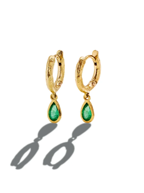 personalized coordinates ring custom Nano Emerald Pear Charmed Micro Gabby Yellow Gold Hoops