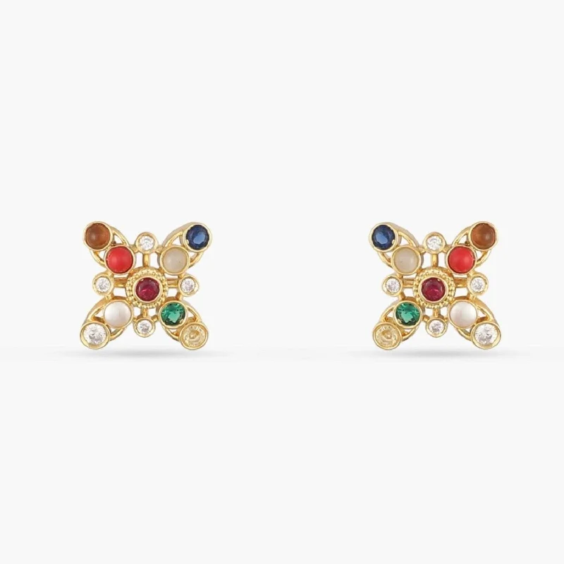 personalized couples ring engraved Navaratna Grace Silver Stud Earrings