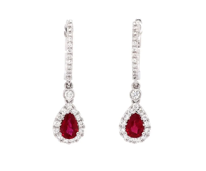 New 0.91ctw Pear Ruby and 0.38ctw Diamond Frame Drop Earrings in 14K