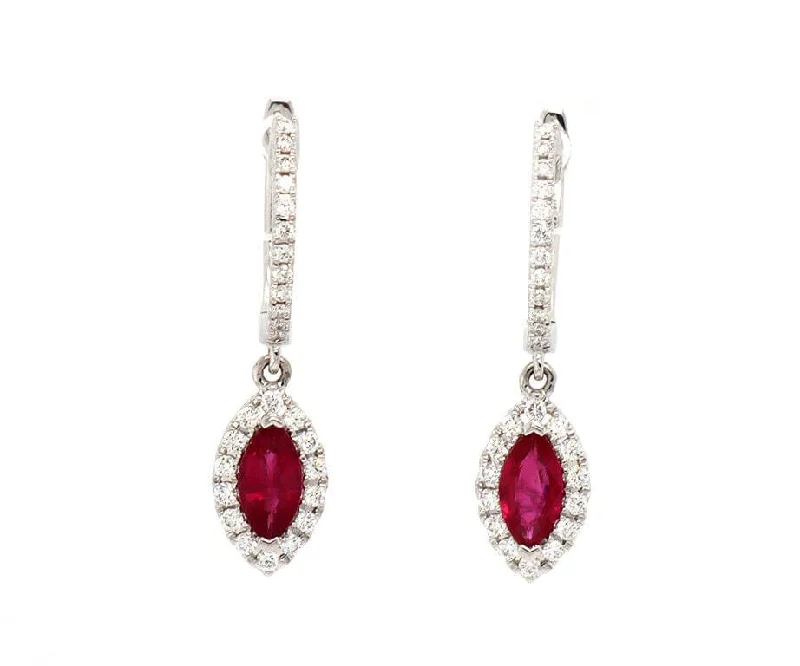 New 0.97ctw Marquise Ruby and 0.33ctw Diamond Frame Drop Earrings in 14K