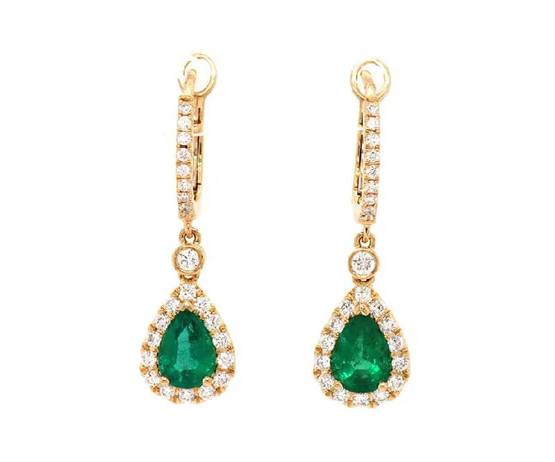 New 1.43ctw Pear Emeralds and 0.52ctw Diamond Frame Drop Earrings in 18K