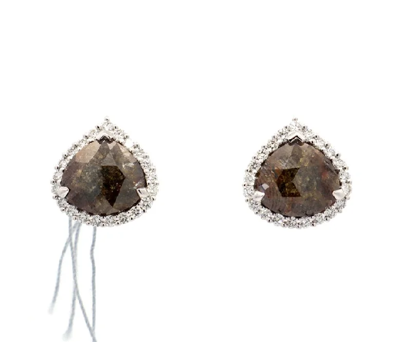 New 5.04ctw Pear Checkerboard Brown Diamond and White Stud Earrings in 14K