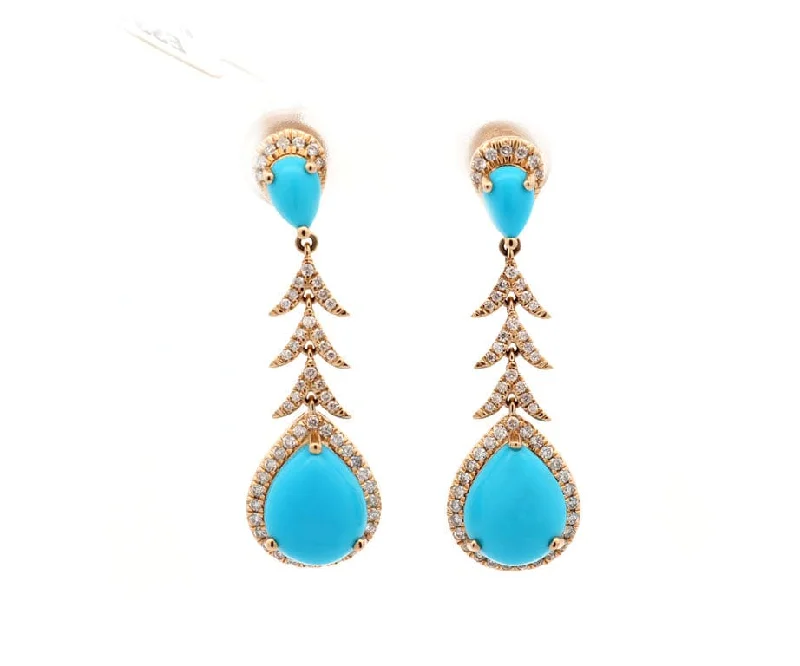 New 5.52ctw Pear Turquoise and 0.45ctw Diamond Dangle Earrings in 14K