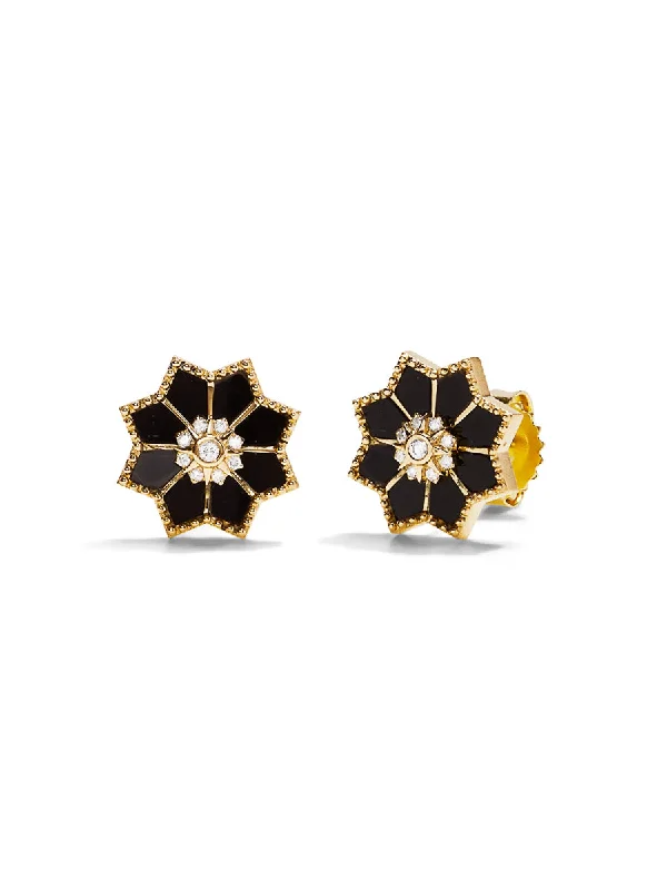 minimal gold ring stack Onyx & Diamond Sacred Flower Yellow Gold Stud Earrings