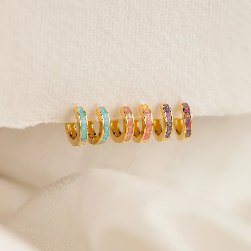 pearl and gold chain earrings Pastel Opal Inlay Huggies