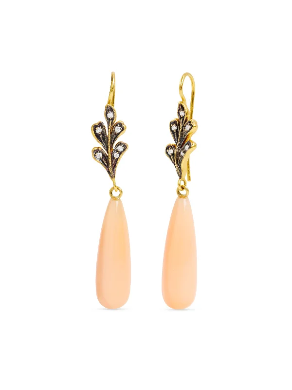 handcrafted gemstone toe ring Peach Moonstone On Oak Leaves Yellow Gold Drop Earrings handcrafted gemstone toe ring Peach Moonstone On Oak Leaves Yellow Gold Drop Earrings
