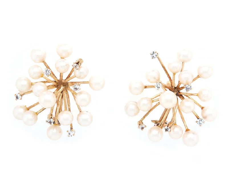 Pearl and 0.30ctw Diamond Cluster Spike Clip On Earrings in 14K