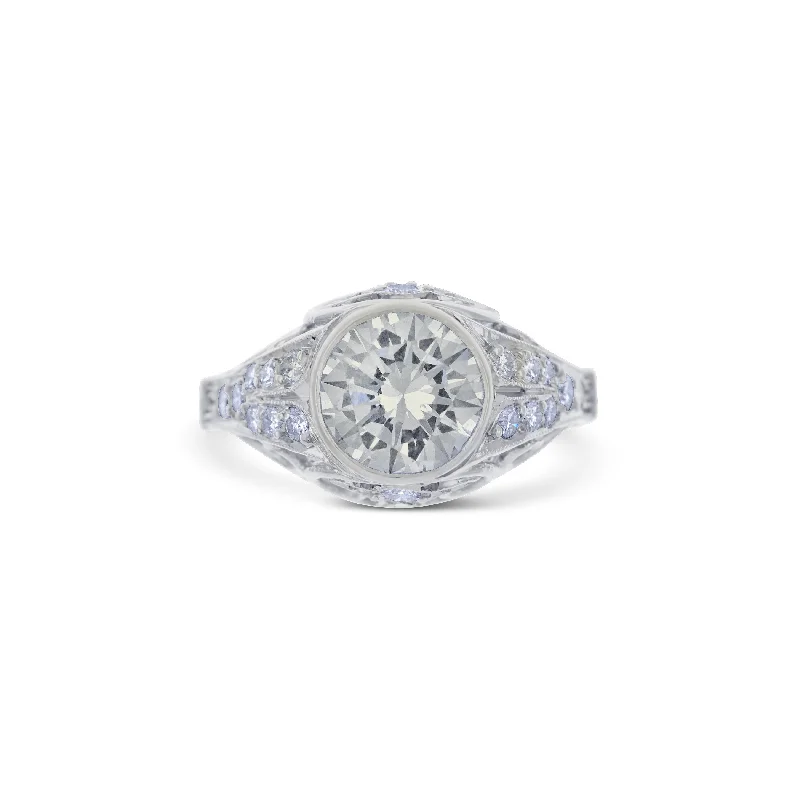 diamond halo engagement ring Platinum Filigree Dome Ring With A 1.46 Carat Bezel Set Round Brilliant Diamond diamond halo engagement ring Platinum Filigree Dome Ring With A 1.46 Carat Bezel Set Round Brilliant Diamond