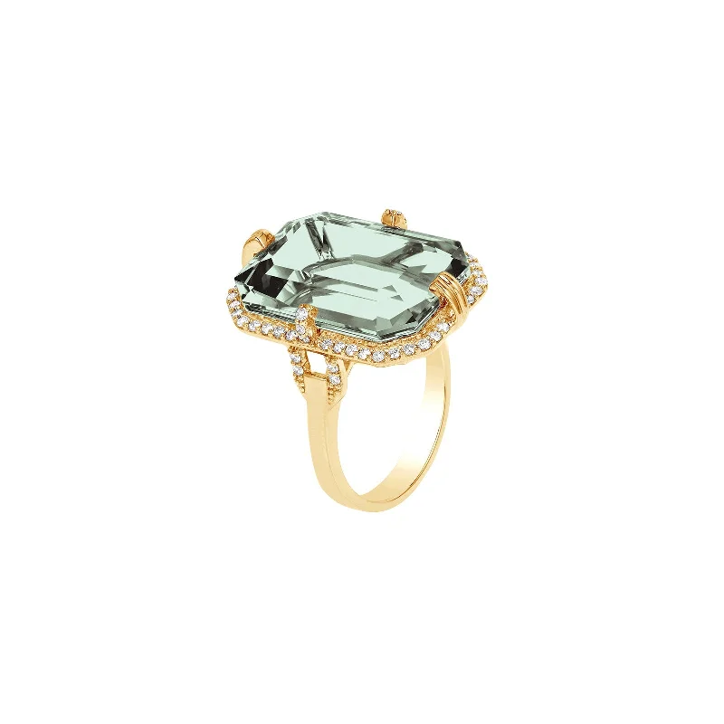 gold plated Cuban link chain Prasiolite Emerald Cut Ring with Diamonds