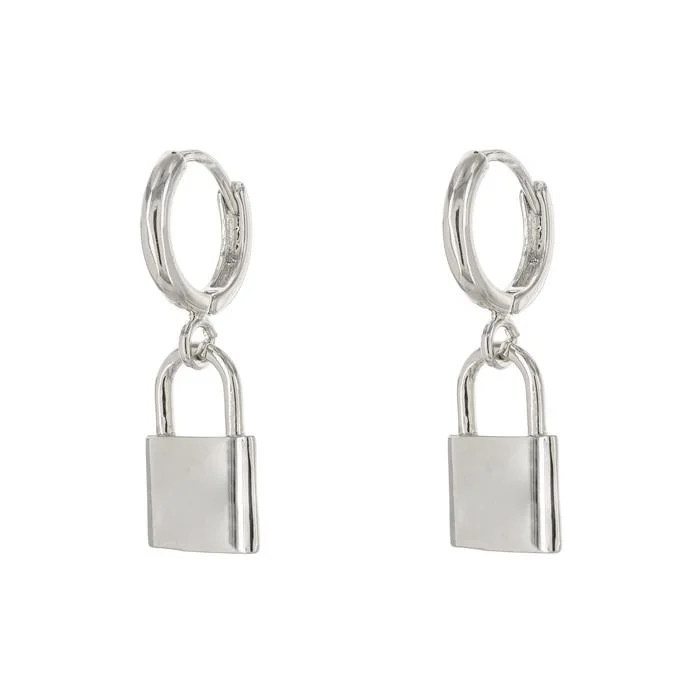 Rhodium Plated Brass Lock Hoop Earrings