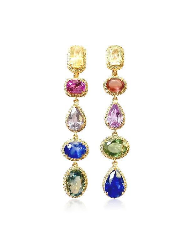 handcrafted gemstone drop earrings Multi Linear, 14K Yellow Gold, Rainbow Sapphires + Diamonds Earrings