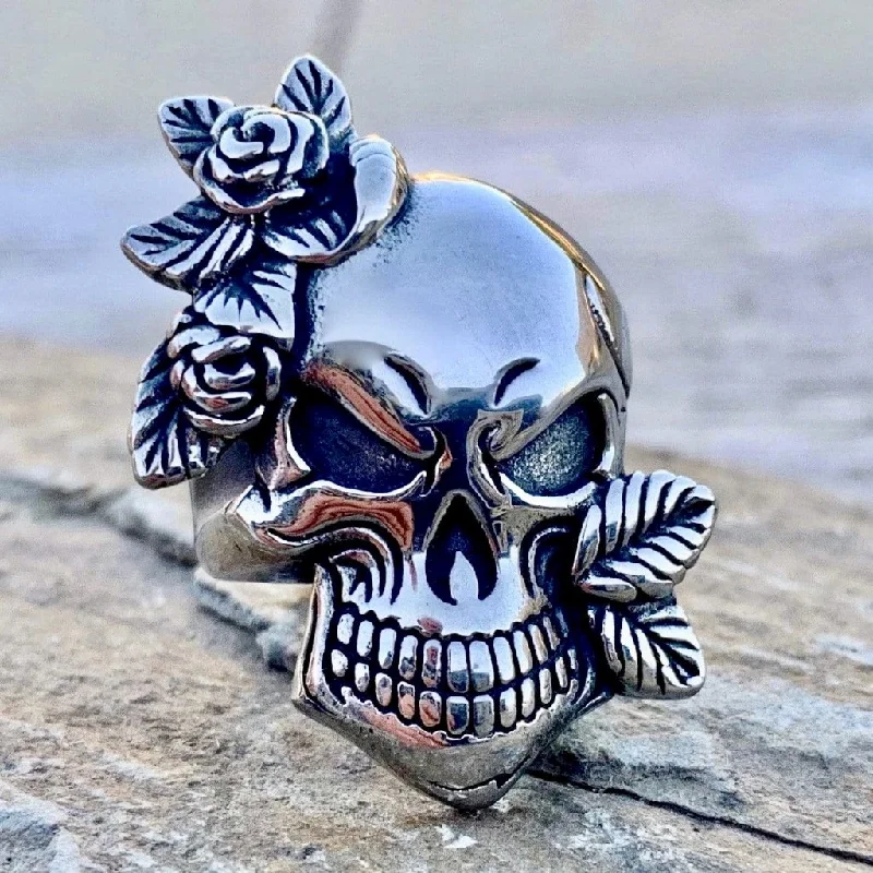 personalized couple’s bracelet engraved Rose Skull & Leaf Ring - R99