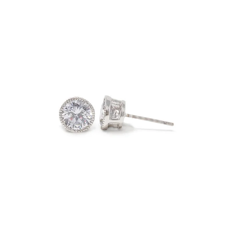 Round CZ Stud Earrings Rhodium Plated