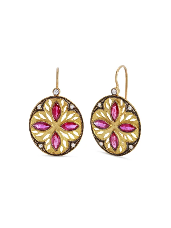 small diamond cross pendant Ruby Marquise Framed Oval Cutout Yellow Gold Earrings