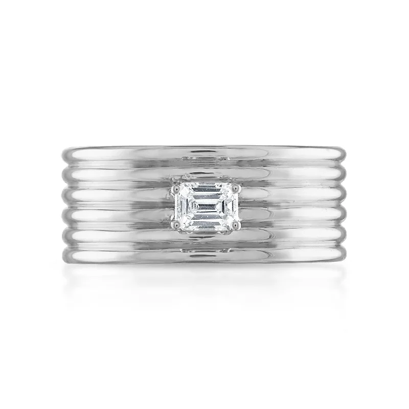 Stacked Coin Emerald Shape Diamond Cigar Band in White Gold  Size 7.5