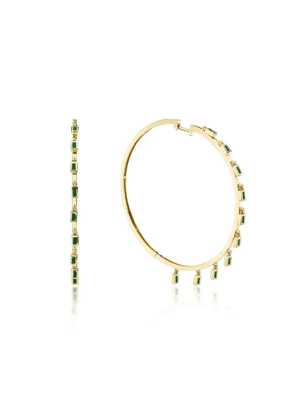 boho beaded statement necklace Dangle, 18K Yellow Gold + Emerald Hoops