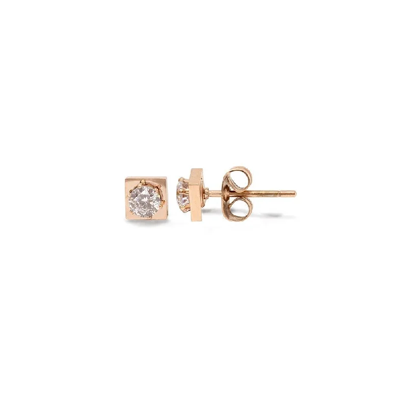 Stainless Steel Rose Gold Plated Square Stud With Round Crystal Earring