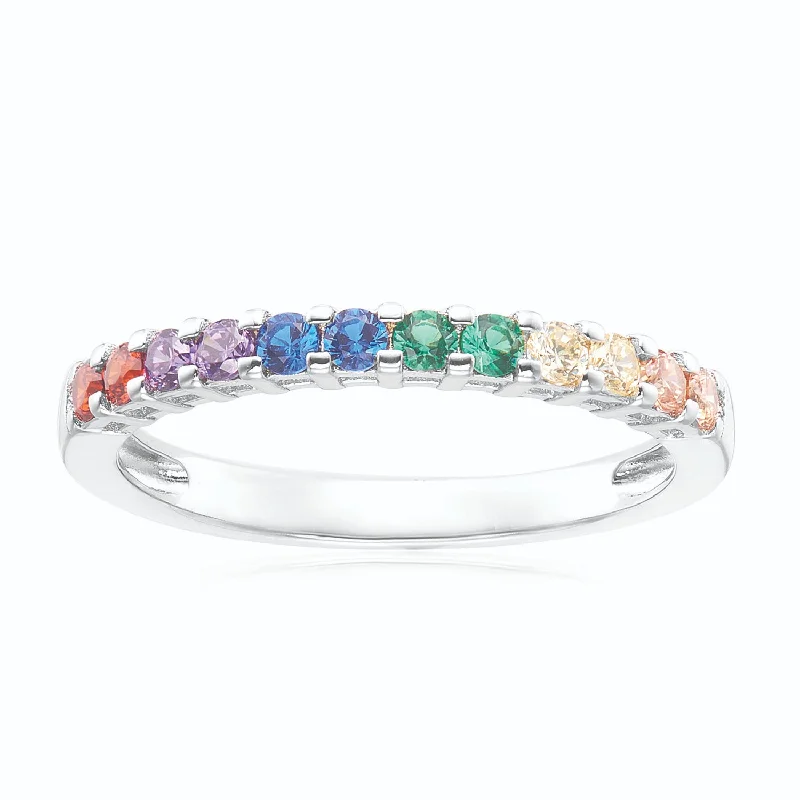 Sterling Silver with Round Brilliant Cut Cubic Zirconia Rainbow Fashion Rings