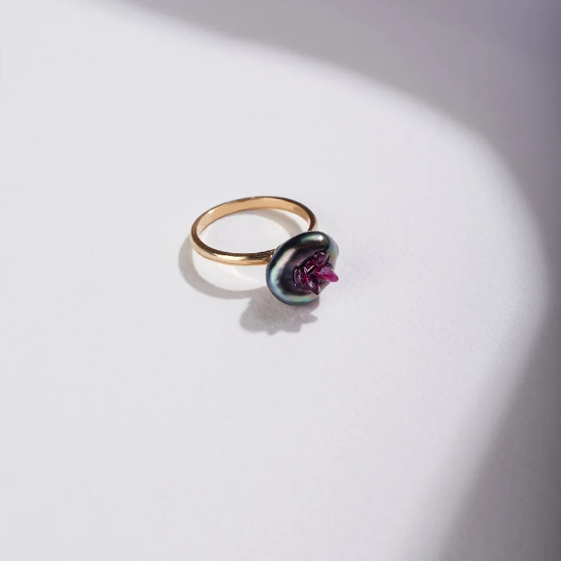 unique silver branch ring Tahitian Keshi Pearl Point Ring with Rubies