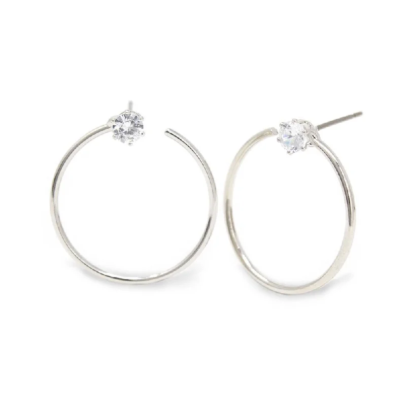 Tiny CZ Hoop Stud Earrings Silver Tone