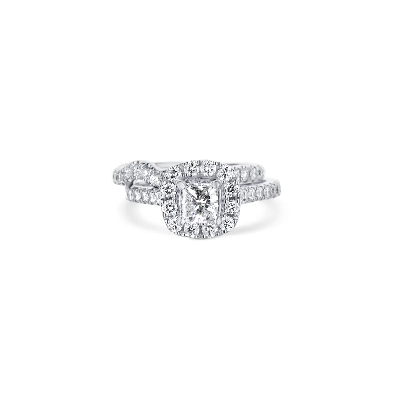 colorful gemstone engagement ring Two Piece White Gold Princess-Cut Diamond Halo Engagement Ring
