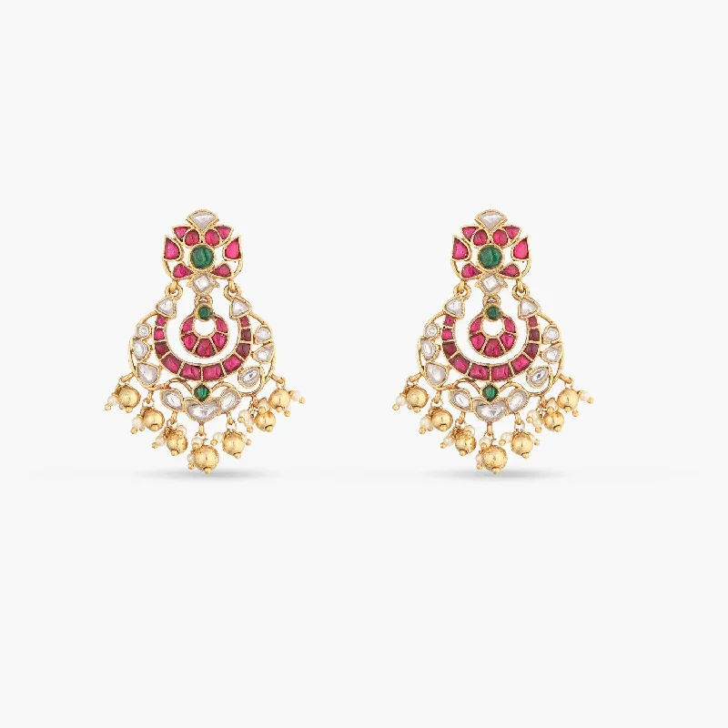 gold plated Cuban link chain Vasu Kempu Jadau Silver Chandbali Earrings