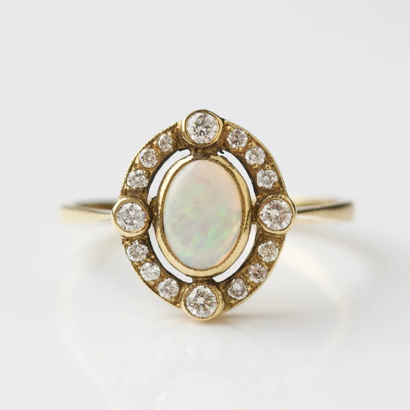 Vintage 18k Solid Yellow Gold Opal and Diamond Ring - UK Size N