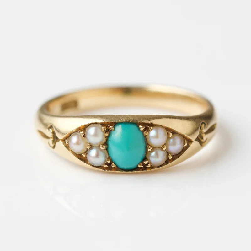 Vintage 18k Yellow Gold Turquoise and Pearl Ring - Uk Size O