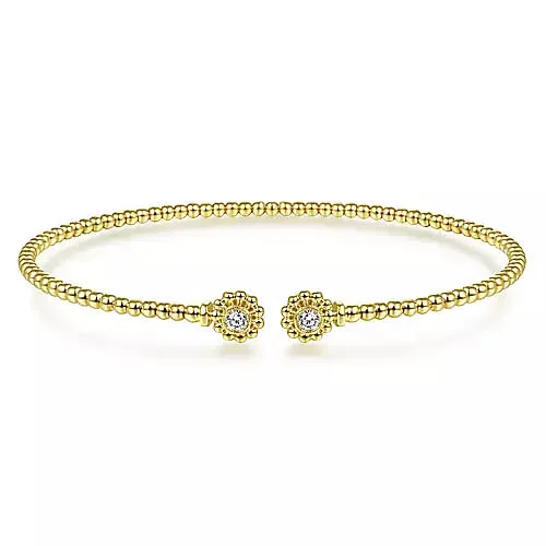 14K Yellow Gold Bujukan Split Cuff Bracelet with Diamond Flower Caps