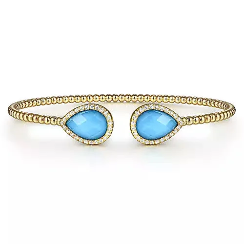 14K Yellow Gold Rock Crystal/Turquoise and Diamond Open Bujukan Bangle