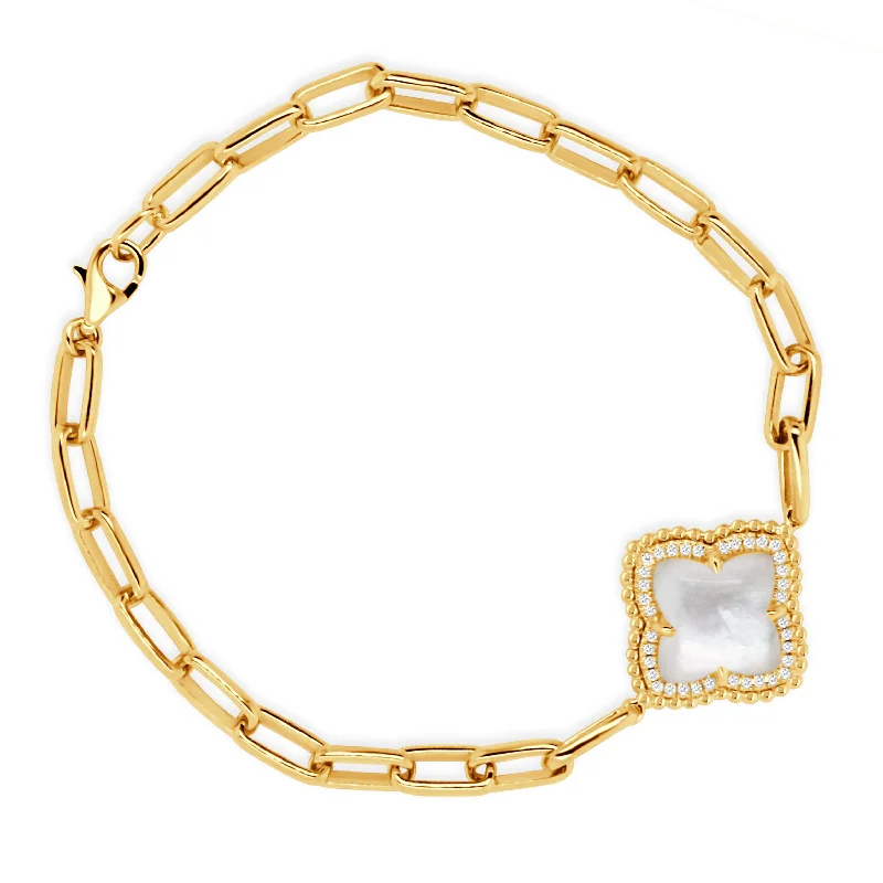 classic wedding set with diamonds 18K YELLOW GOLD DIAMOND BRACELET WITH WHITE MOTHER OF PEARL CENTER ON PAPER CLIP CHAIN. classic wedding set with diamonds 18K YELLOW GOLD DIAMOND BRACELET WITH WHITE MOTHER OF PEARL CENTER ON PAPER CLIP CHAIN.