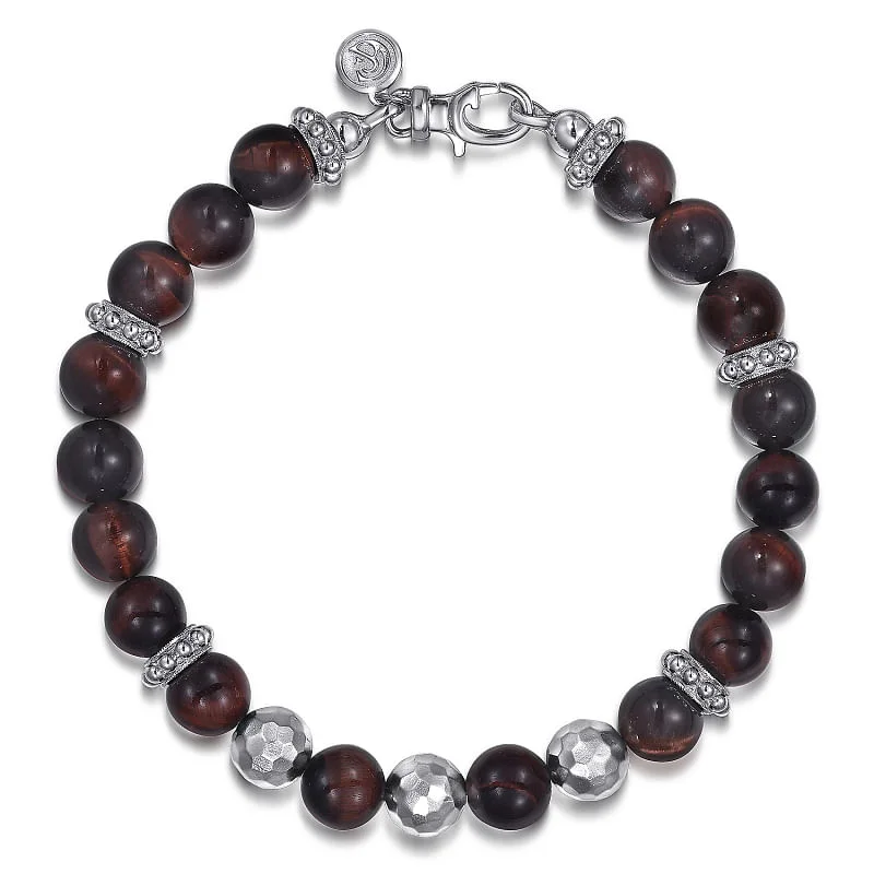 925 Sterling Silver and 8mm Tiger Eye Beaded Faceted Bead Bracelet