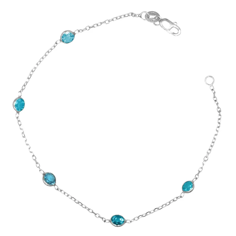 personalized couples ring engraved Bezel Set Blue Topaz Station Ankle Bracelet, 14K White Gold personalized couples ring engraved Bezel Set Blue Topaz Station Ankle Bracelet, 14K White Gold