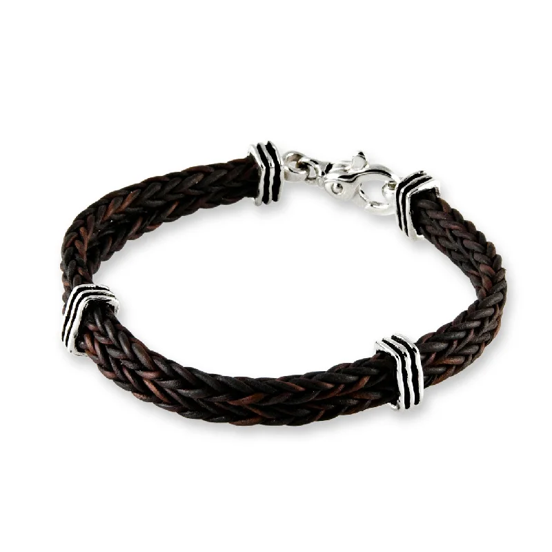 silver arrow pendant necklace Double Braid Leather Bracelet, Sterling Silver