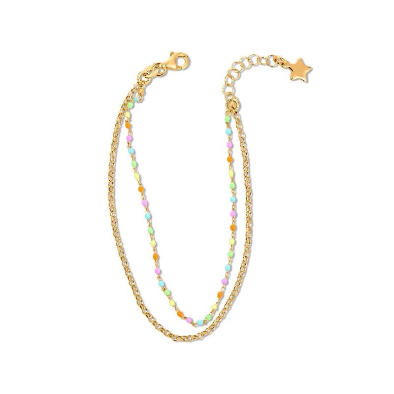 bohemian gemstone choker Enamel Bead Double Strand Bracelet, Yellow Gold Plated
