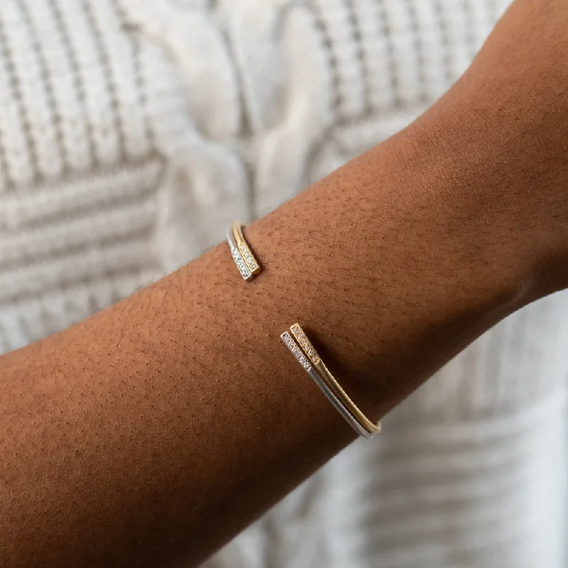 classic silver pearl earrings Flexi-Bangle with diamonds in satin finished solid 14k white and yellow gold