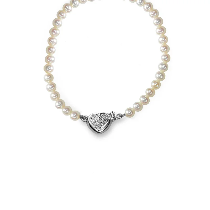 handcrafted gold stud earrings Freshwater Cultured Pearl Bracelet, Heart Clasp, 14K White Gold